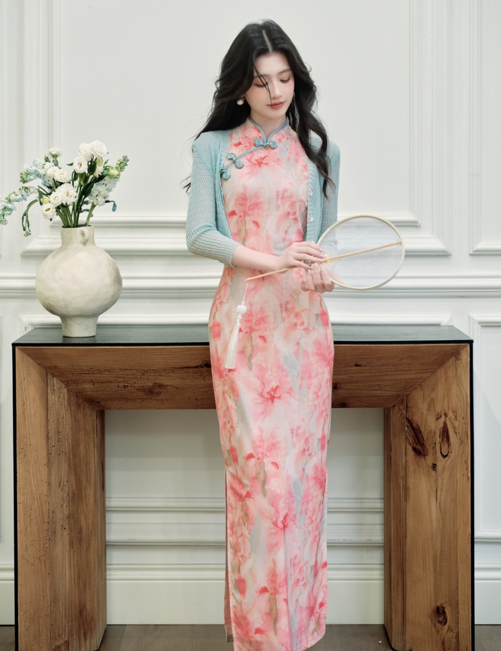 Chinese style cheongsam maiden dress 2pcs set