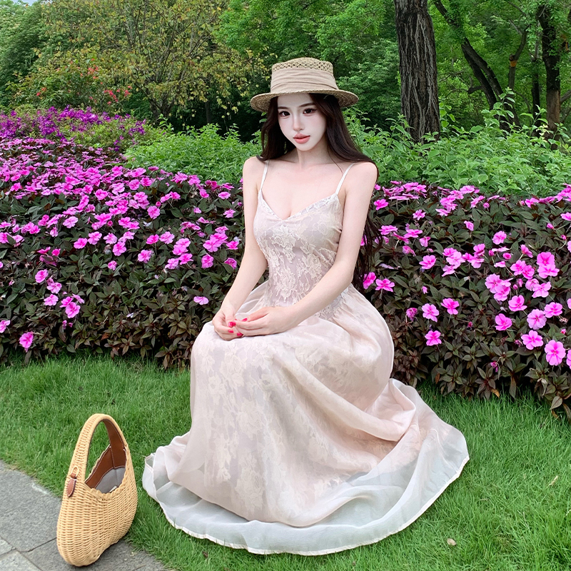 Tender long dress vacation strap dress for women