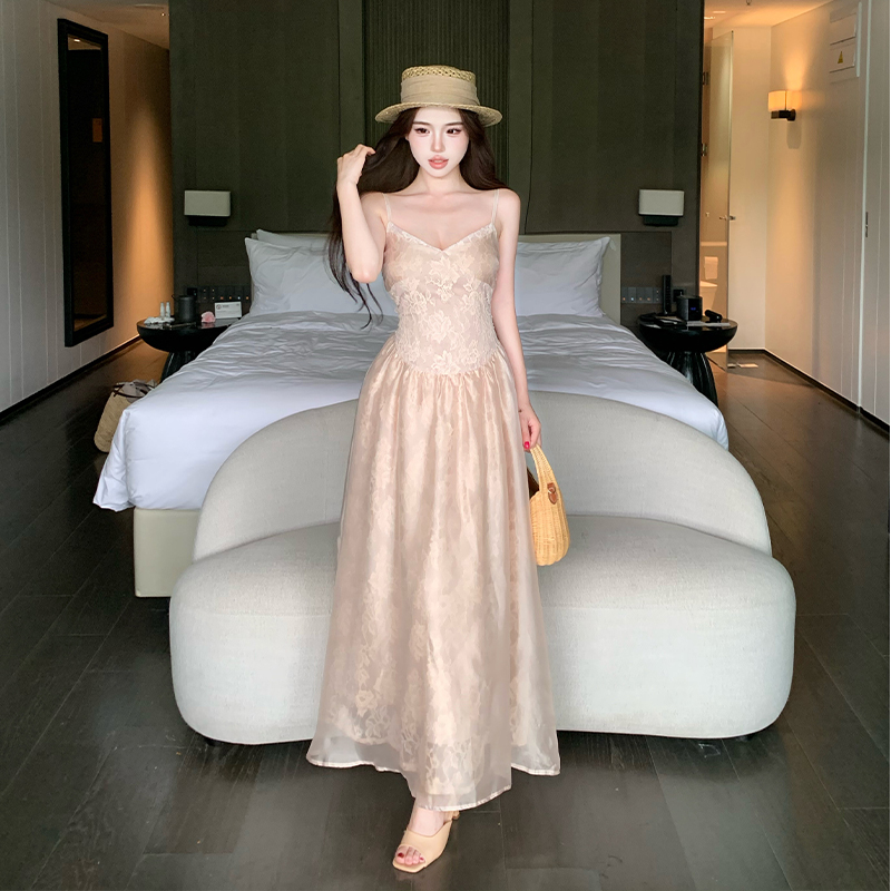 Tender long dress vacation strap dress for women