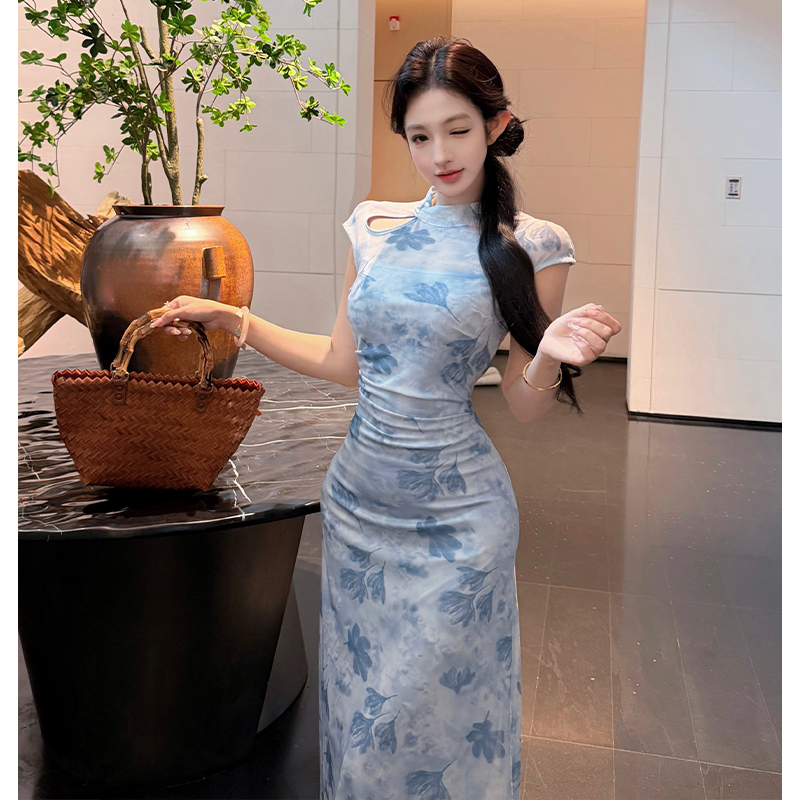 Flocking summer long dress tender dress for women