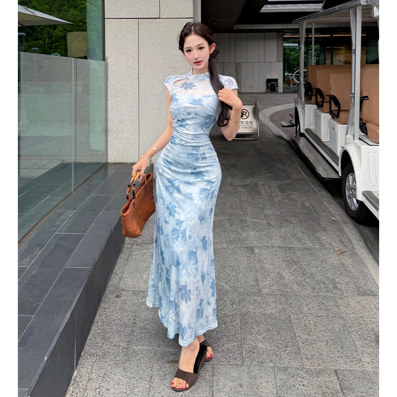 Flocking summer long dress tender dress for women