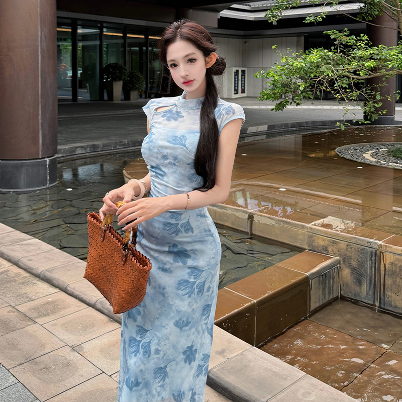 Flocking summer long dress tender dress for women