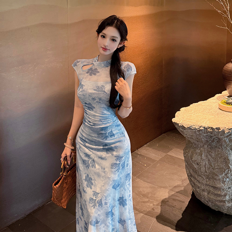 Flocking summer long dress tender dress for women