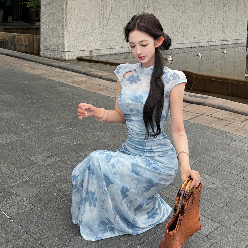 Flocking summer long dress tender dress for women