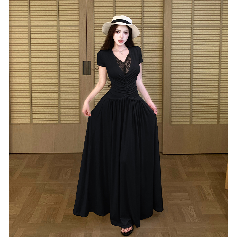 Summer niche sexy dress splice lace long dress for women