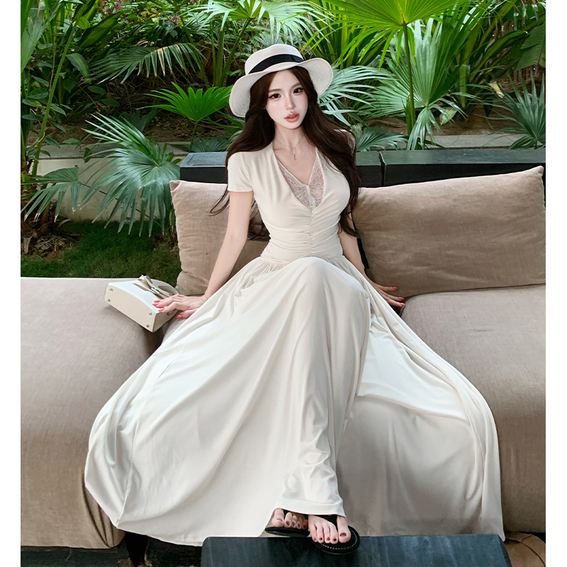 Summer niche sexy dress splice lace long dress for women