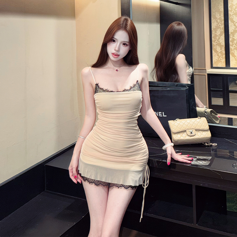 Fold France style splice T-back bottoming sling dress