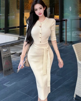 Pit stripe pinched waist long dress slim dress for women