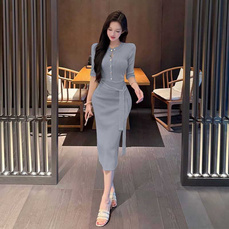 Pit stripe pinched waist long dress slim dress for women