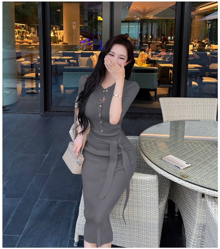 Pit stripe pinched waist long dress slim dress for women