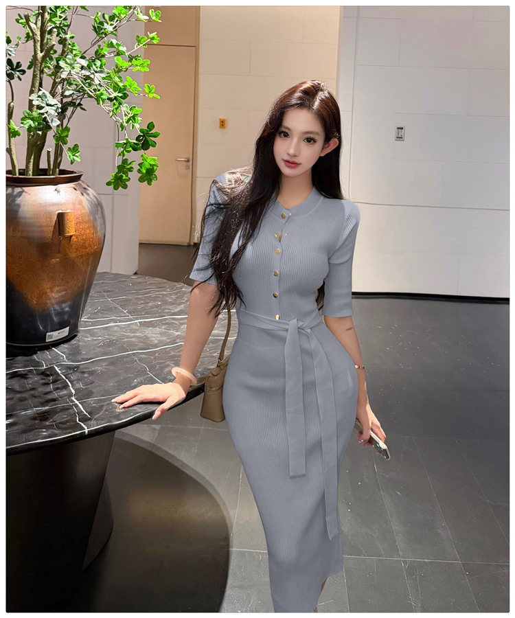 Pit stripe pinched waist long dress slim dress for women