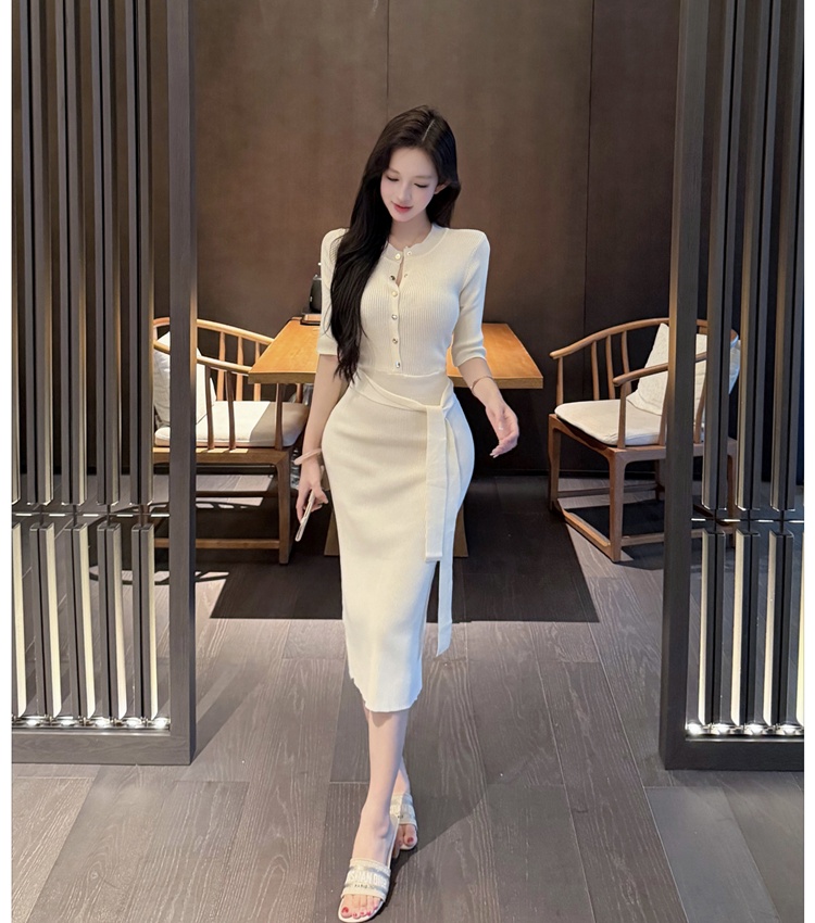 Pit stripe pinched waist long dress slim dress for women