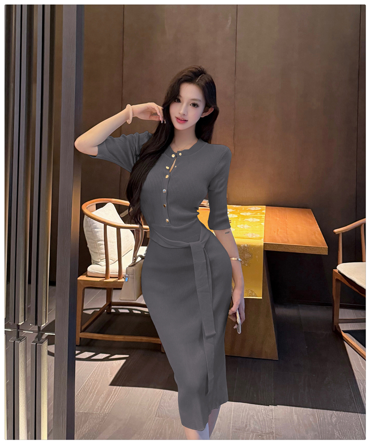 Pit stripe pinched waist long dress slim dress for women