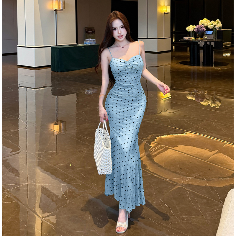 Polka dot slim long dress France style dress for women