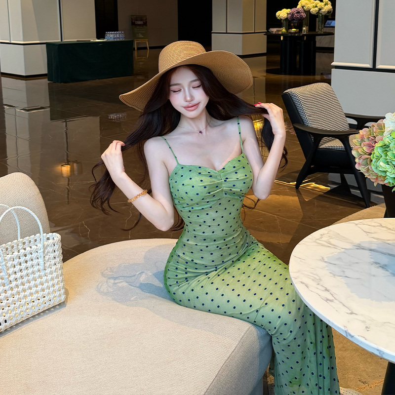 Polka dot slim long dress France style dress for women