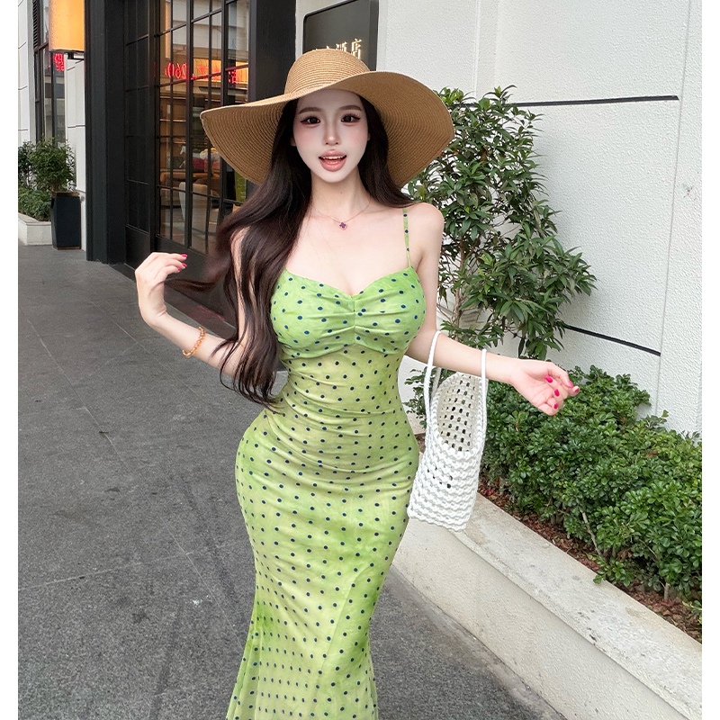Polka dot slim long dress France style dress for women