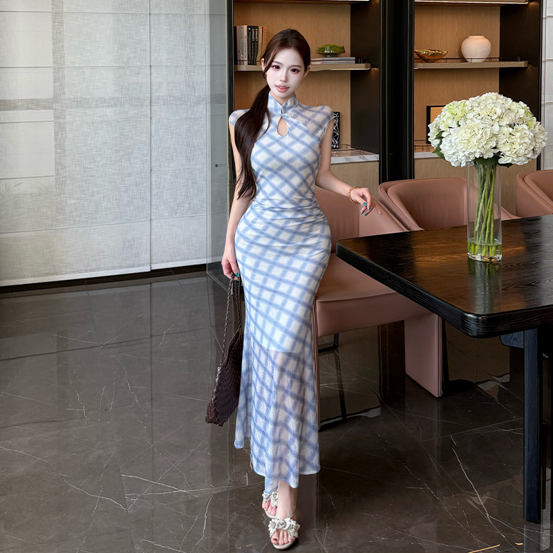 Slim summer cheongsam plaid temperament dress for women