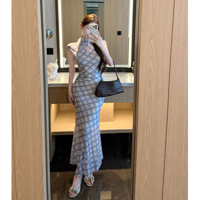 Slim summer cheongsam plaid temperament dress for women