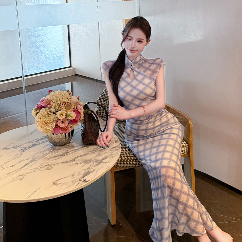Slim summer cheongsam plaid temperament dress for women