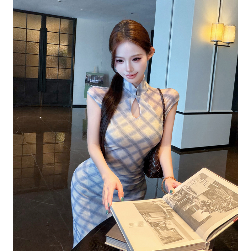 Slim summer cheongsam plaid temperament dress for women