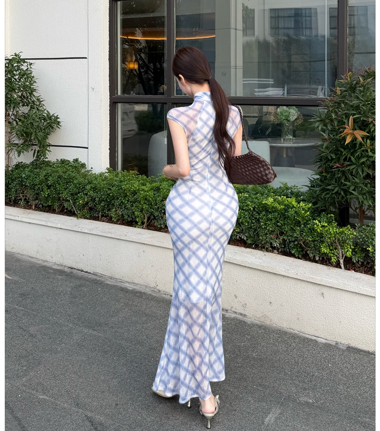 Slim summer cheongsam plaid temperament dress for women