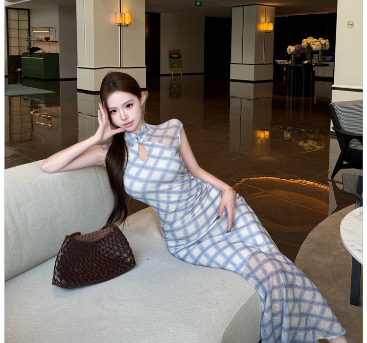 Slim summer cheongsam plaid temperament dress for women