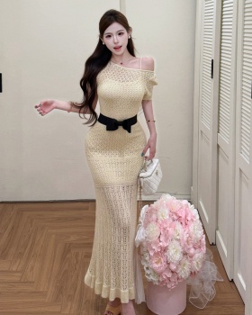 Slim bow long dress tender temperament dress 2pcs set