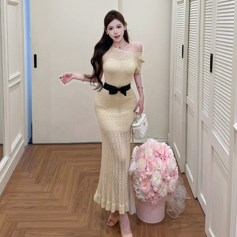 Slim bow long dress tender temperament dress 2pcs set