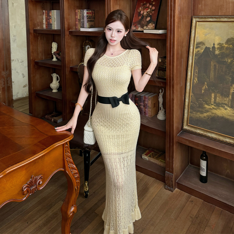 Slim bow long dress tender temperament dress 2pcs set