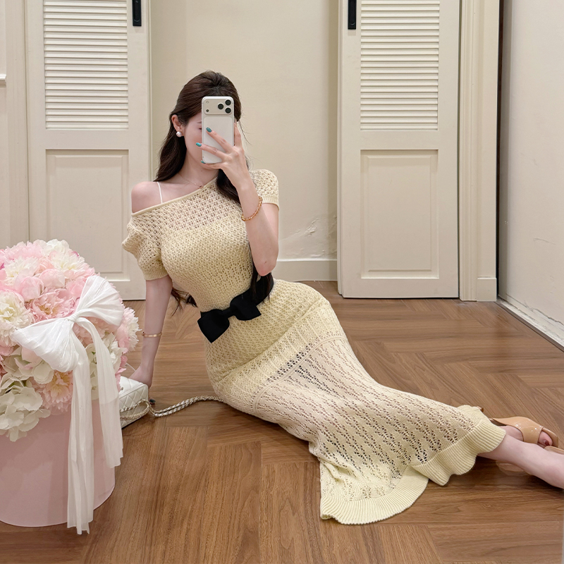 Slim bow long dress tender temperament dress 2pcs set