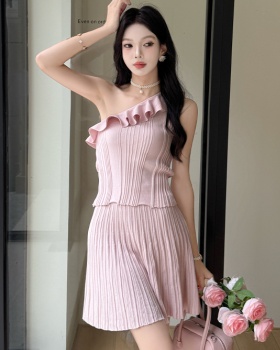 High waist pleated skirt lotus leaf edges tops 2pcs set