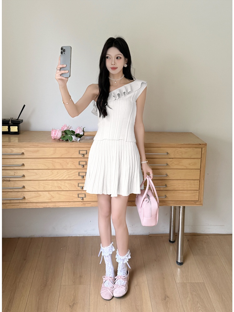 High waist pleated skirt lotus leaf edges tops 2pcs set