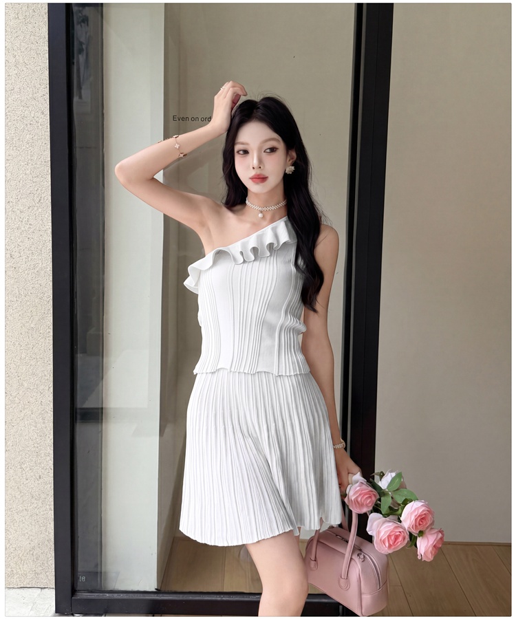 High waist pleated skirt lotus leaf edges tops 2pcs set