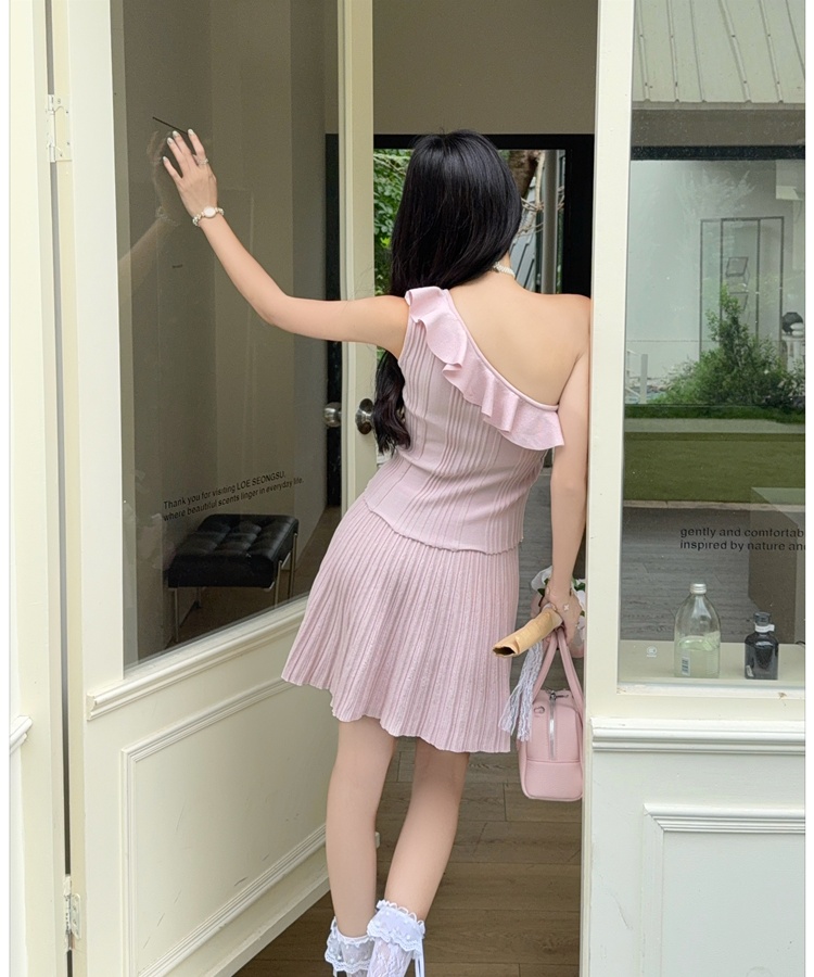 High waist pleated skirt lotus leaf edges tops 2pcs set