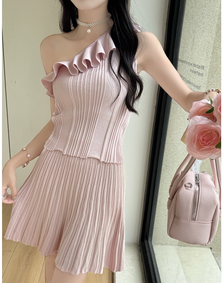 High waist pleated skirt lotus leaf edges tops 2pcs set