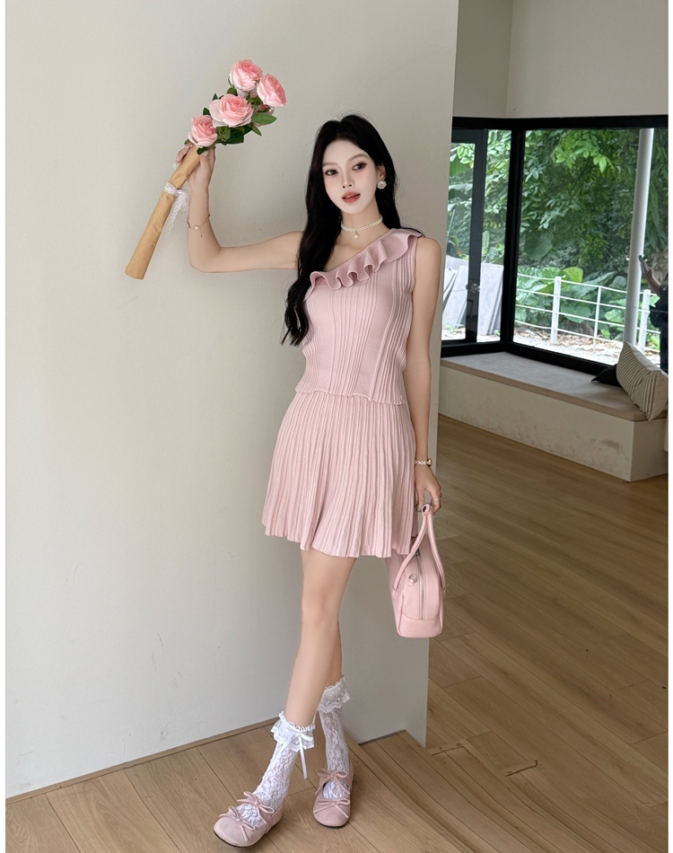 High waist pleated skirt lotus leaf edges tops 2pcs set