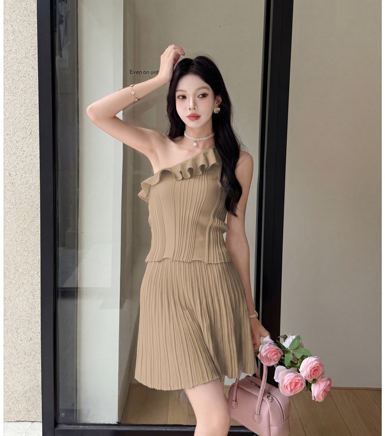 High waist pleated skirt lotus leaf edges tops 2pcs set