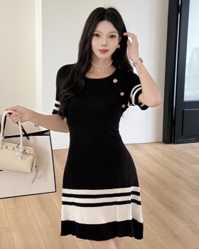 Knitted A-line T-back mixed colors stripe dress for women