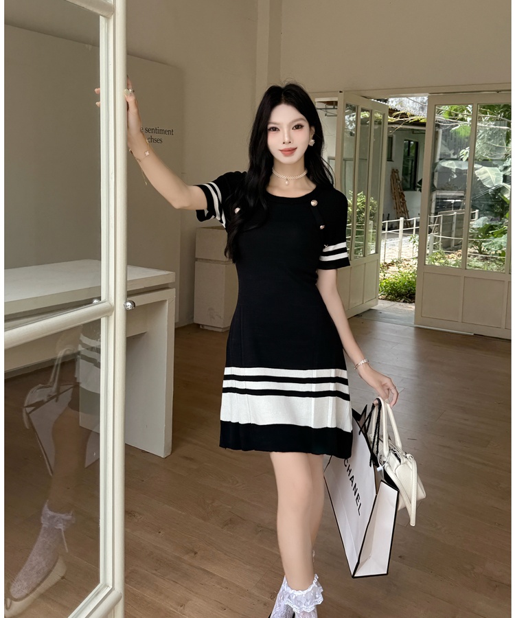Knitted A-line T-back mixed colors stripe dress for women