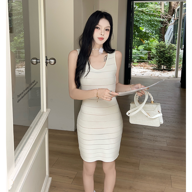 Stripe package hip sexy slim dress basis enticement knitted vest