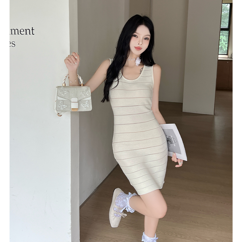 Stripe package hip sexy slim dress basis enticement knitted vest