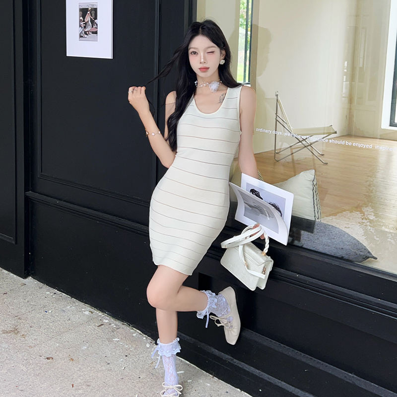 Stripe package hip sexy slim dress basis enticement knitted vest