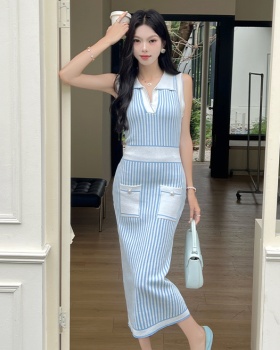 France style knitted stripe sleeveless long dress
