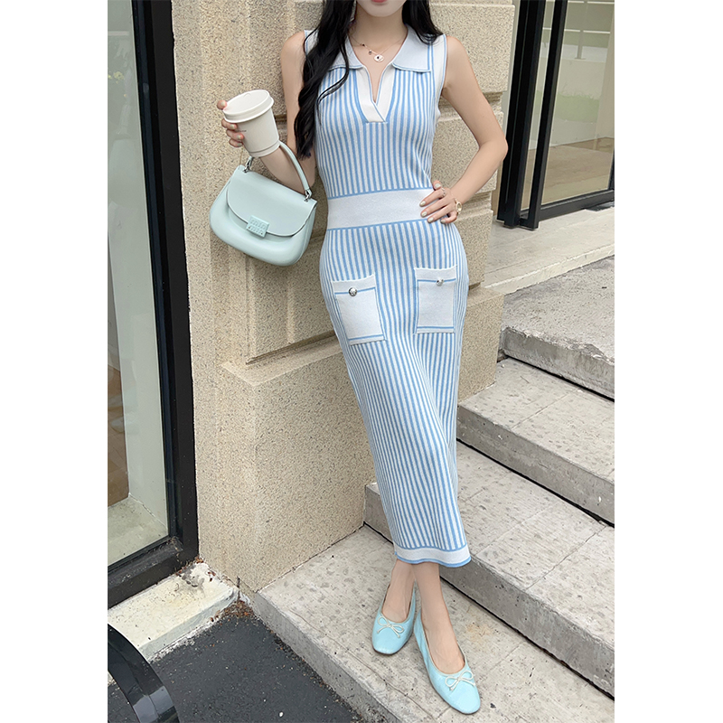 France style knitted stripe sleeveless long dress