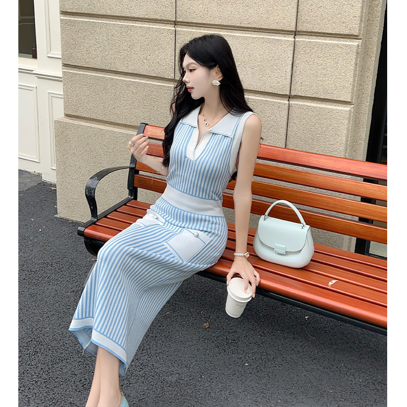 France style knitted stripe sleeveless long dress