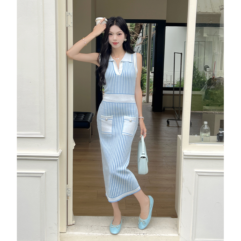 France style knitted stripe sleeveless long dress
