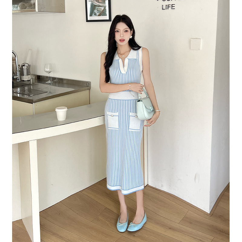 France style knitted stripe sleeveless long dress
