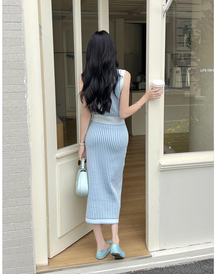 France style knitted stripe sleeveless long dress