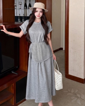 Pseudo-two dress pinched waist T-shirt for women