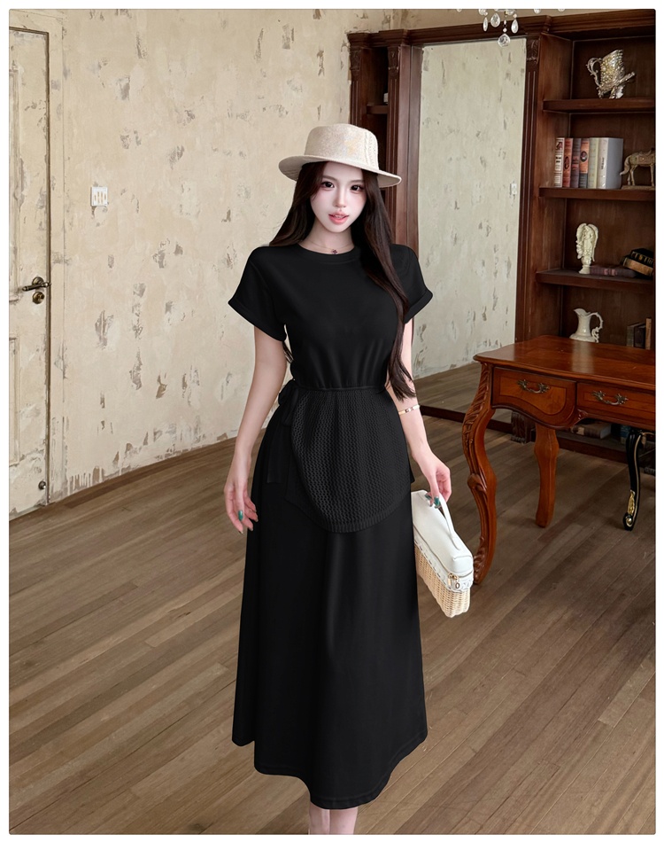 Pseudo-two dress pinched waist T-shirt for women